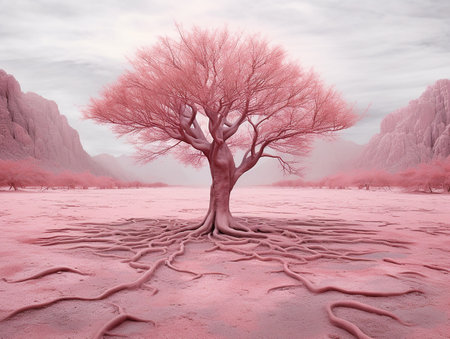 panoramic picture of a baby pink leafed tree in the middle of red utopia desert AI generativeの素材