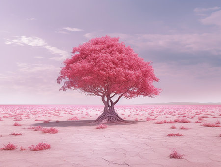 panoramic picture of a baby pink leafed tree in the middle of red utopia desert AI generativeの素材