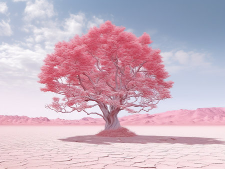 panoramic picture of a baby pink leafed tree in the middle of red utopia desert AI generativeの素材