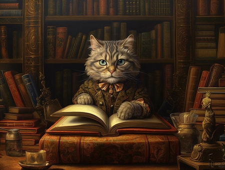 surrealist picture of a professor cat in a library, insane detail AI generativeの素材