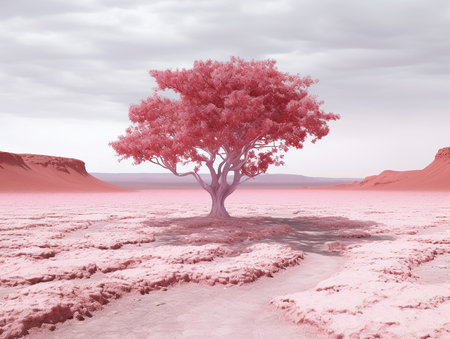 panoramic picture of a baby pink leafed tree in the middle of red utopia desert AI generativeの素材