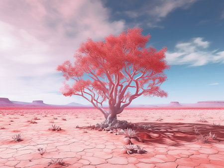 panoramic picture of a baby pink leafed tree in the middle of red utopia desert AI generativeの素材