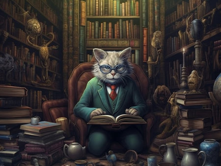 surrealist picture of a professor cat in a library, insane detail AI generativeの素材
