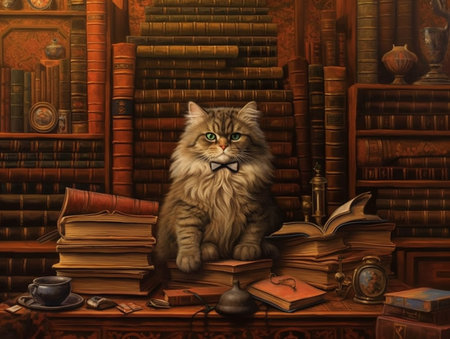 surrealist picture of a professor cat in a library, insane detail AI generativeの素材
