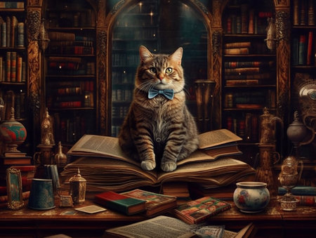 surrealist picture of a professor cat in a library, insane detail AI generativeの素材