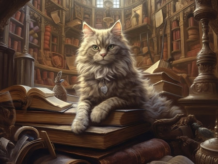 surrealist picture of a professor cat in a library, insane detail AI generativeの素材