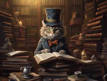 surrealist picture of a professor cat in a library, insane detail AI generativeの素材