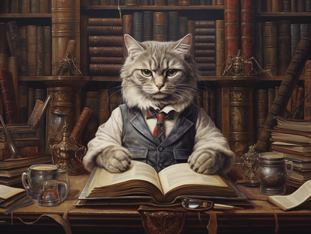 surrealist picture of a professor cat in a library, insane detail AI generativeの素材
