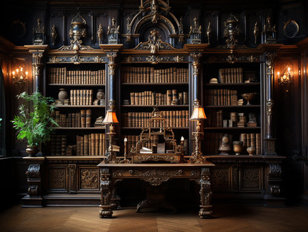 a photography of classical wooden library, insane detail AI generativeの素材