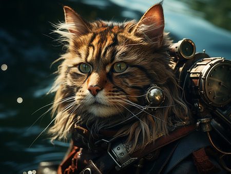 photography of steam punk cat in sea, insane detail AI generativeの素材