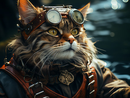 photography of steam punk cat in sea, insane detail AI generativeの素材