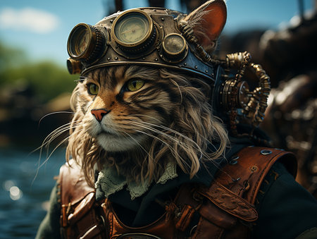 photography of steam punk cat in sea, insane detail AI generativeの素材