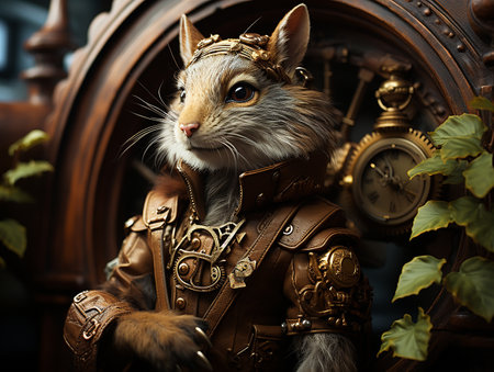 photography of steam punk style squirrel in the tree house AI generativeの素材