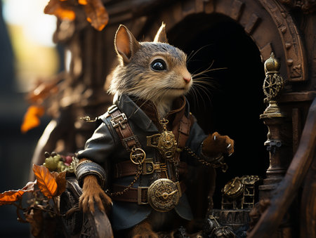 photography of steam punk style squirrel in the tree house AI generativeの素材