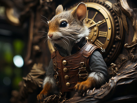 photography of steam punk style squirrel in the tree house AI generativeの素材
