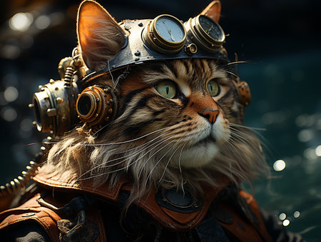 photography of steam punk cat in sea, insane detail AI generativeの素材