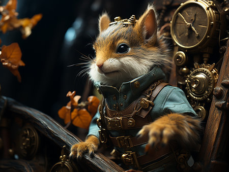 photography of steam punk style squirrel in the tree house AI generativeの素材