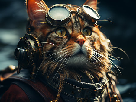 photography of steam punk cat in sea, insane detail AI generativeの素材