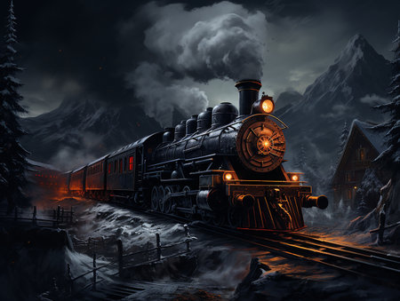 a train in the snow with dark background, insane detail Made By AI generative Photoの素材