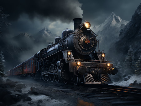 a train in the snow with dark background, insane detail Made By AI generative Photoの素材