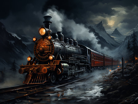 a train in the snow with dark background, insane detail Made By AI generative Photoの素材