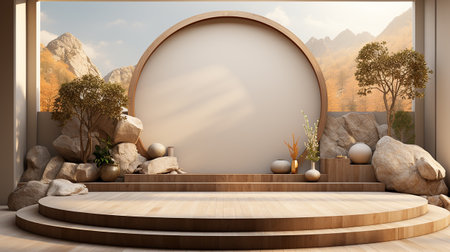 Podium background with cream color tone japanese style made by AI generativeの素材