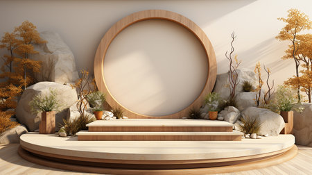 Podium background with cream color tone japanese style made by AI generativeの素材