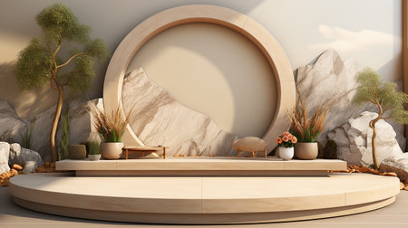Podium background with cream color tone japanese style made by AI generativeの素材