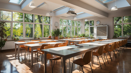 school class in daylight. Clean interior with whiteboard, drawer, chairs and tables AI generativeの素材