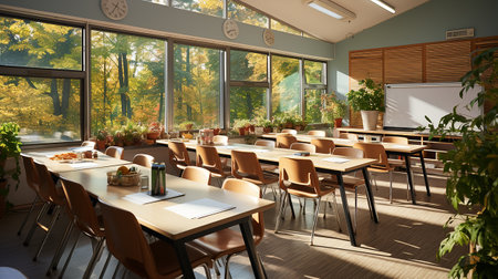 school class in daylight. Clean interior with whiteboard, drawer, chairs and tables AI generativeの素材
