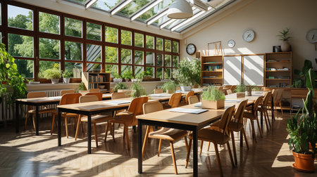 school class in daylight. Clean interior with whiteboard, drawer, chairs and tables AI generativeの素材