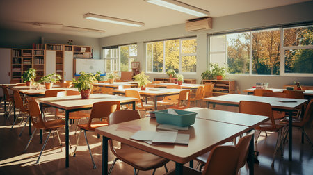 school class in daylight. Clean interior with whiteboard, drawer, chairs and tables AI generativeの素材