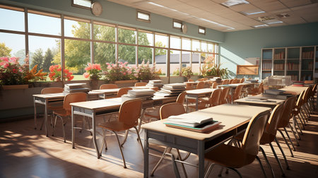 school class in daylight. Clean interior with whiteboard, drawer, chairs and tables AI generativeの素材