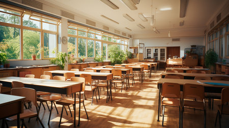 school class in daylight. Clean interior with whiteboard, drawer, chairs and tables AI generativeの素材