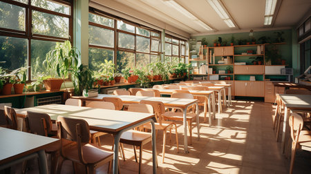 school class in daylight. Clean interior with whiteboard, drawer, chairs and tables AI generativeの素材