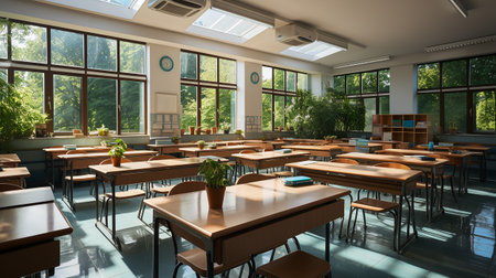 school class in daylight. Clean interior with whiteboard, drawer, chairs and tables AI generativeの素材