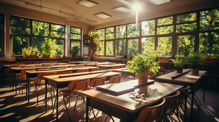 school class in daylight. Clean interior with whiteboard, drawer, chairs and tables AI generativeの素材