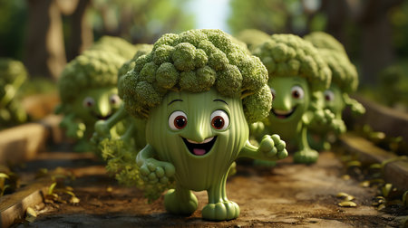 broccoli have face, hands and foots walking made by AI generativeの素材