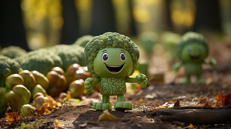 broccoli have face, hands and foots walking made by AI generativeの素材