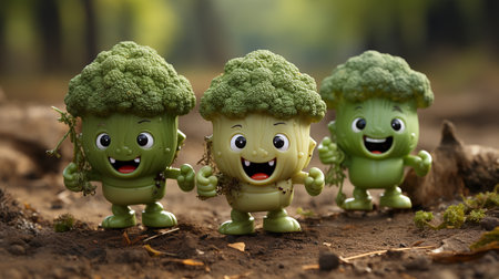 broccoli have face, hands and foots walking made by AI generativeの素材