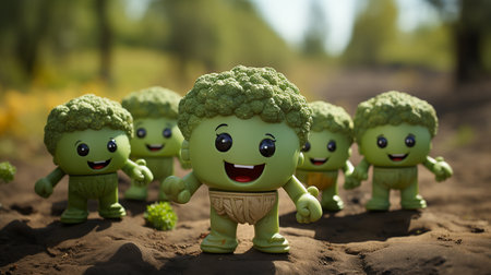 broccoli have face, hands and foots walking made by AI generativeの素材