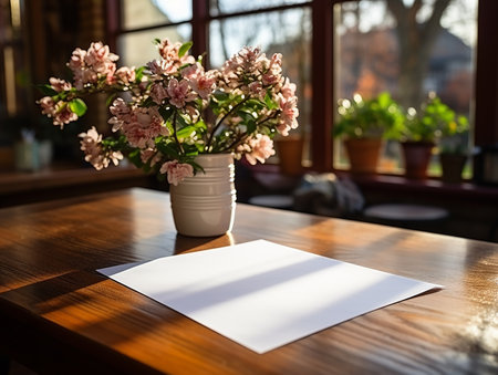 paper on the wooden table, real photography with smooth lighting and sun light AI generateの素材