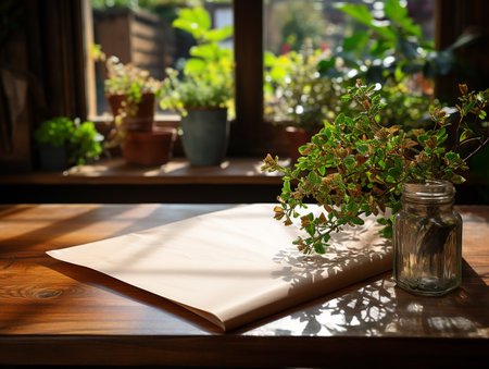 paper on the wooden table, real photography with smooth lighting and sun light AI generateの素材