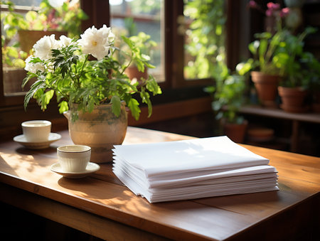 paper on the wooden table, real photography with smooth lighting and sun light AI generateの素材