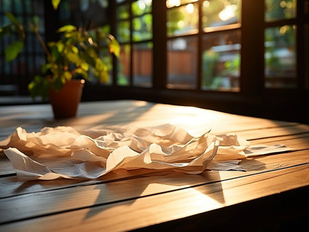 paper on the wooden table, real photography with smooth lighting and sun light AI generateの素材