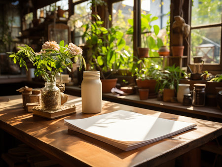 paper on the wooden table, real photography with smooth lighting and sun light AI generateの素材