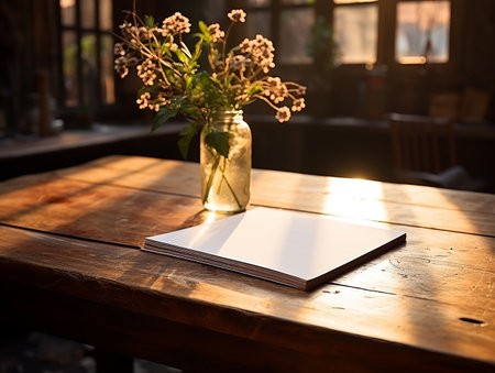 paper on the wooden table, real photography with smooth lighting and sun light AI generateの素材