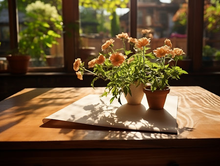 paper on the wooden table, real photography with smooth lighting and sun light AI generateの素材