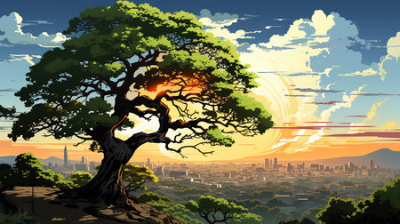 big tree in the middle of the scene, with city background AI generativeの素材
