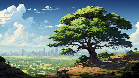 big tree in the middle of the scene, with city background AI generativeの素材